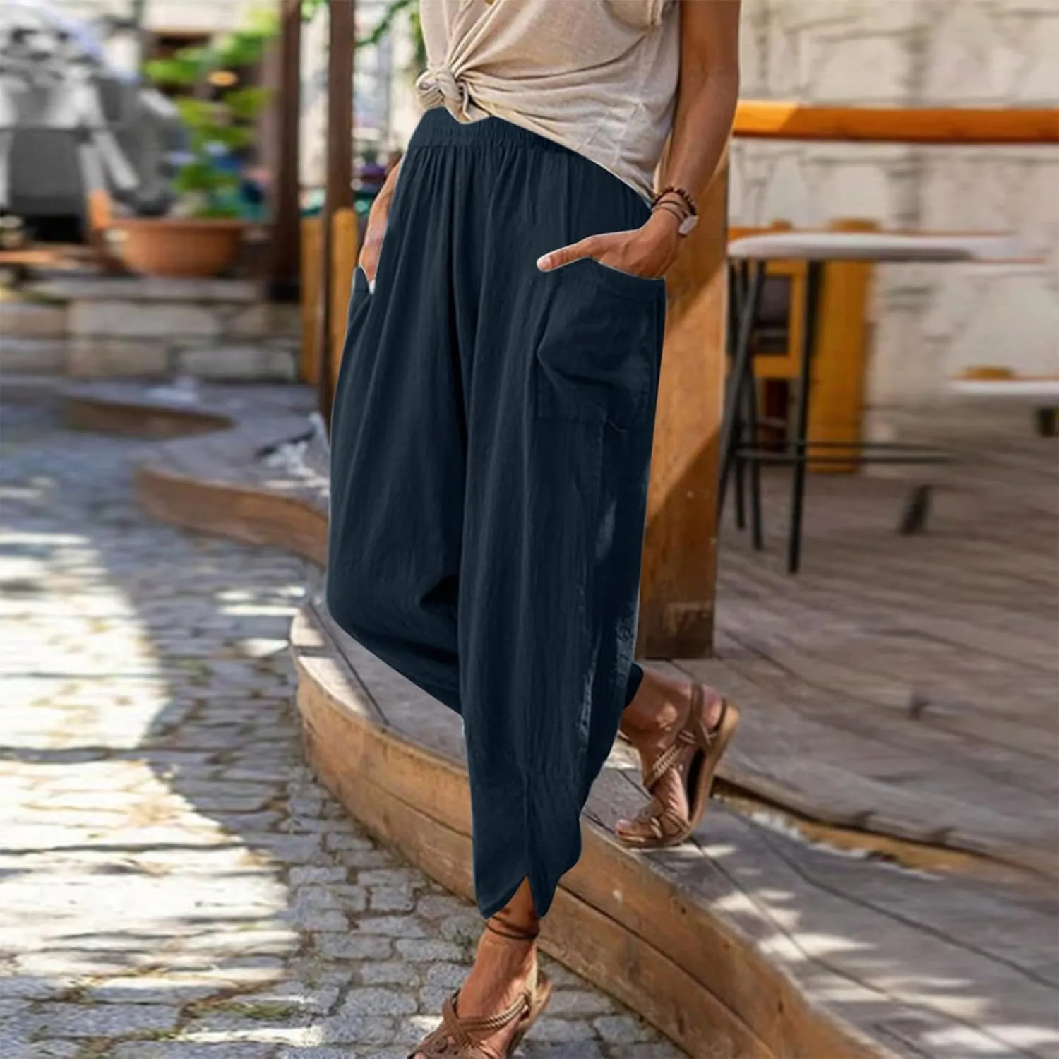 Womens Fashion Long Pant Elastic Waist High Waist Casual Trousers Harem Pants Women