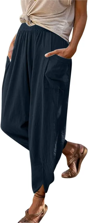 Womens Fashion Long Pant Elastic Waist High Waist Casual Trousers Harem Pants Women