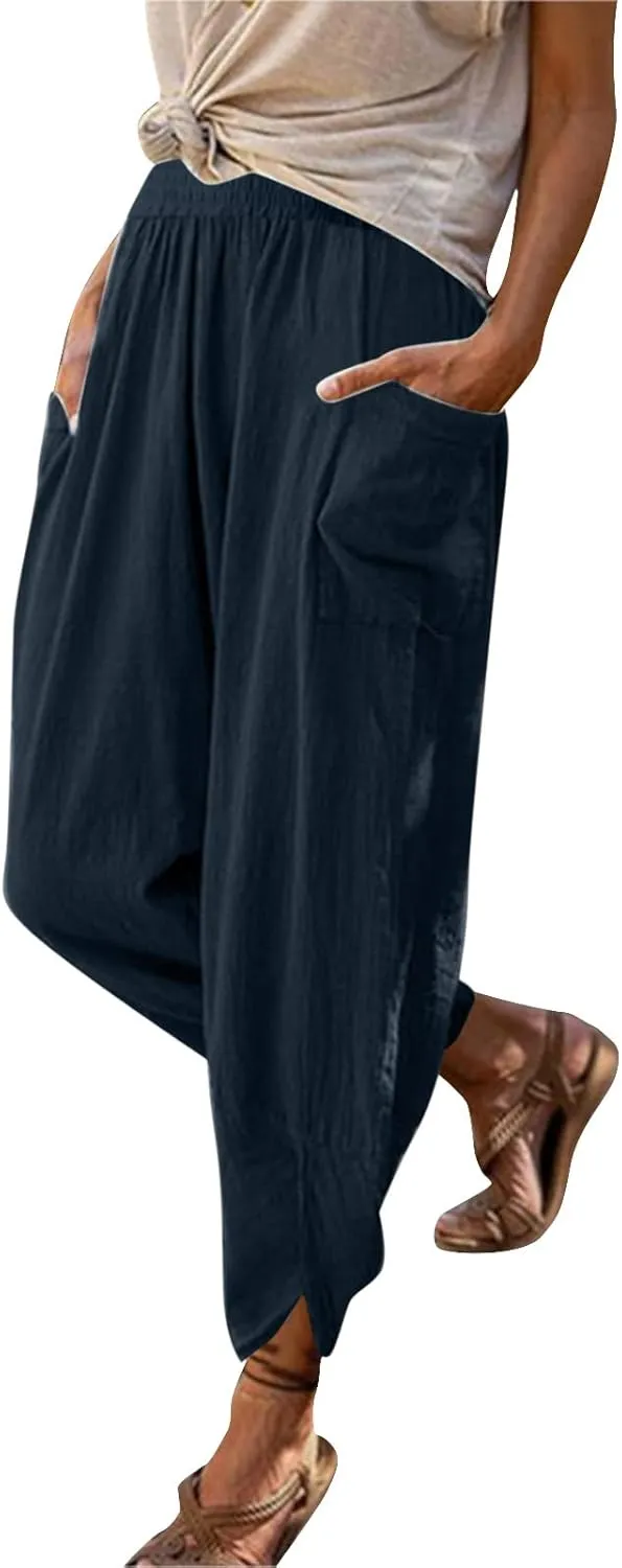 Womens Fashion Long Pant Elastic Waist High Waist Casual Trousers Harem Pants Women