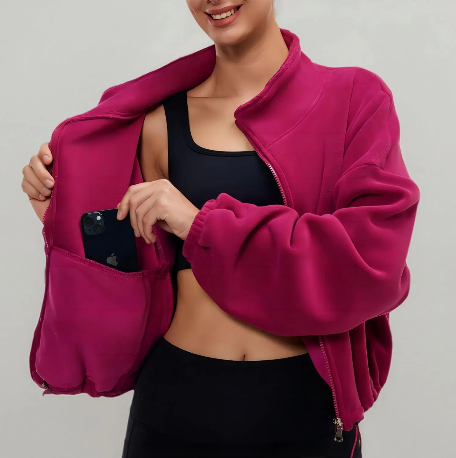 Womens Fleece Jacket Sherpa Cropped Oversized Sweatshirt Bomber Jackets for Women