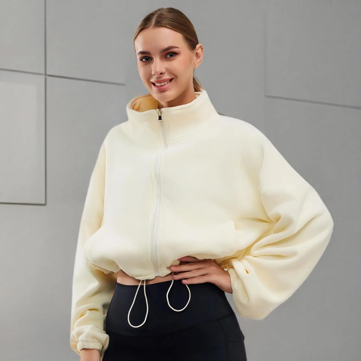 Womens Fleece Jacket Sherpa Cropped Oversized Sweatshirt Bomber Jackets for Women