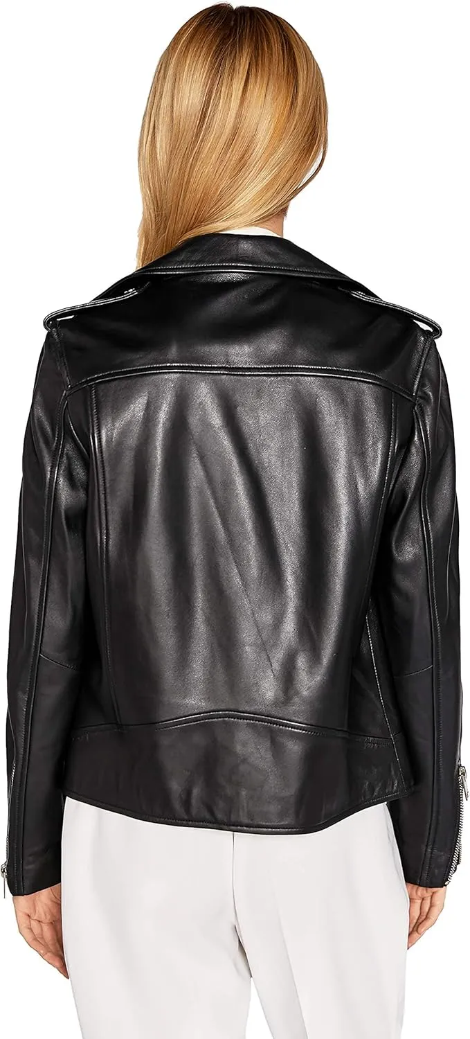 Women's Genuine Leather Jacket Lambskin Black Moto Biker Jacket Coat with Belt SmartUniverseWear