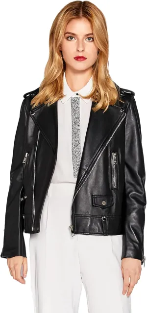 Women's Genuine Leather Jacket Lambskin Black Moto Biker Jacket Coat with Belt SmartUniverseWear