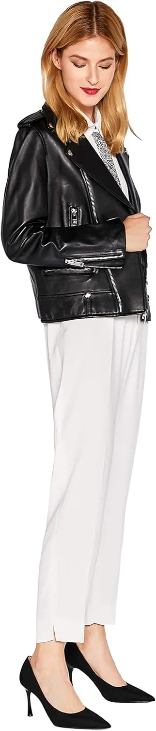 Women's Genuine Leather Jacket Lambskin Black Moto Biker Jacket Coat with Belt SmartUniverseWear