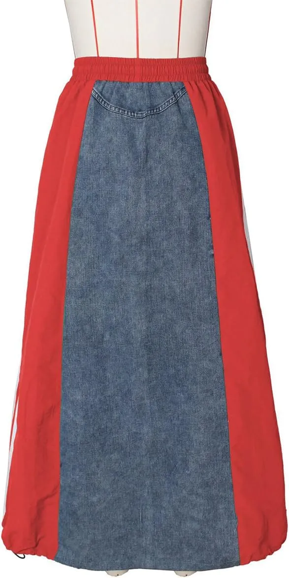 Women's High Waisted Maxi Long Denim Skirts Drawstring Contrast Stripes A Line Flowy Flare Jean Midi Skirt