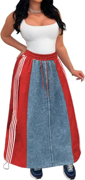 Women's High Waisted Maxi Long Denim Skirts Drawstring Contrast Stripes A Line Flowy Flare Jean Midi Skirt