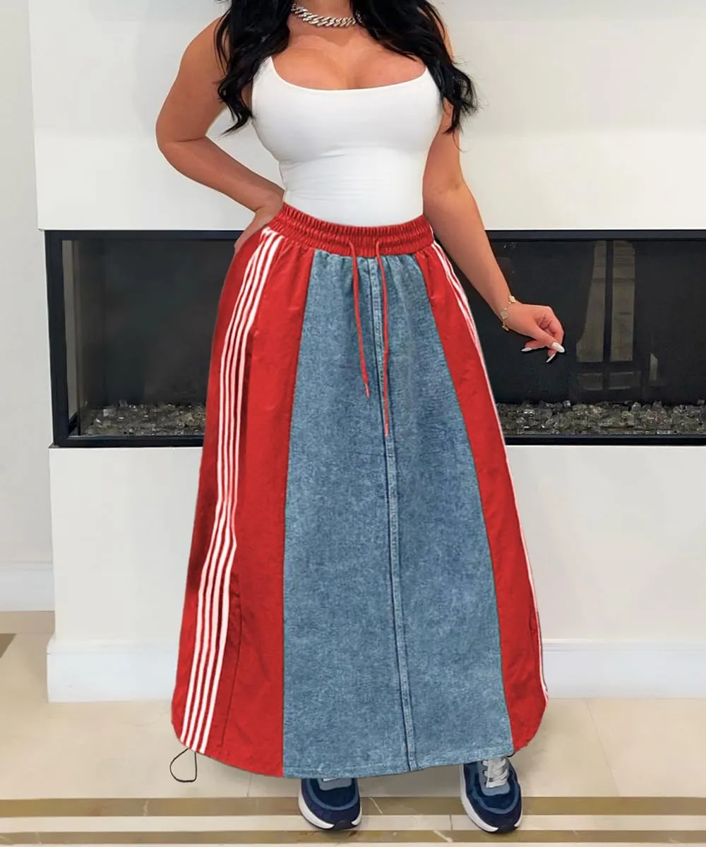 Women's High Waisted Maxi Long Denim Skirts Drawstring Contrast Stripes A Line Flowy Flare Jean Midi Skirt