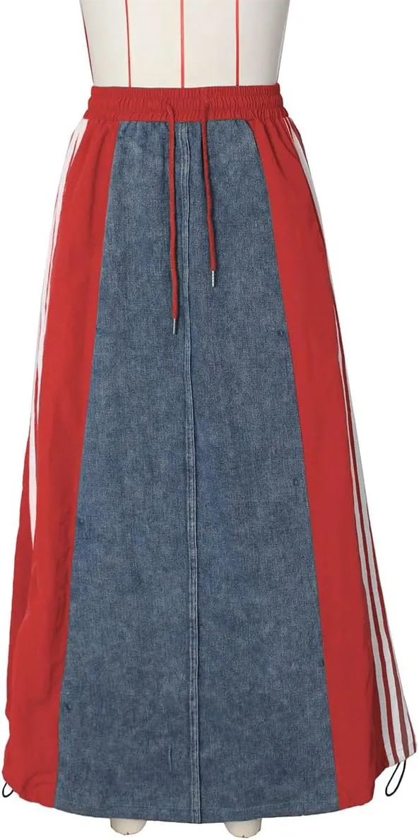 Women's High Waisted Maxi Long Denim Skirts Drawstring Contrast Stripes A Line Flowy Flare Jean Midi Skirt