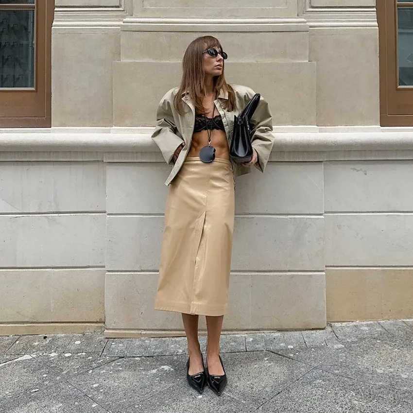 Women’s Khaki PU Leather Vintage Mid-Waist Split Skirt