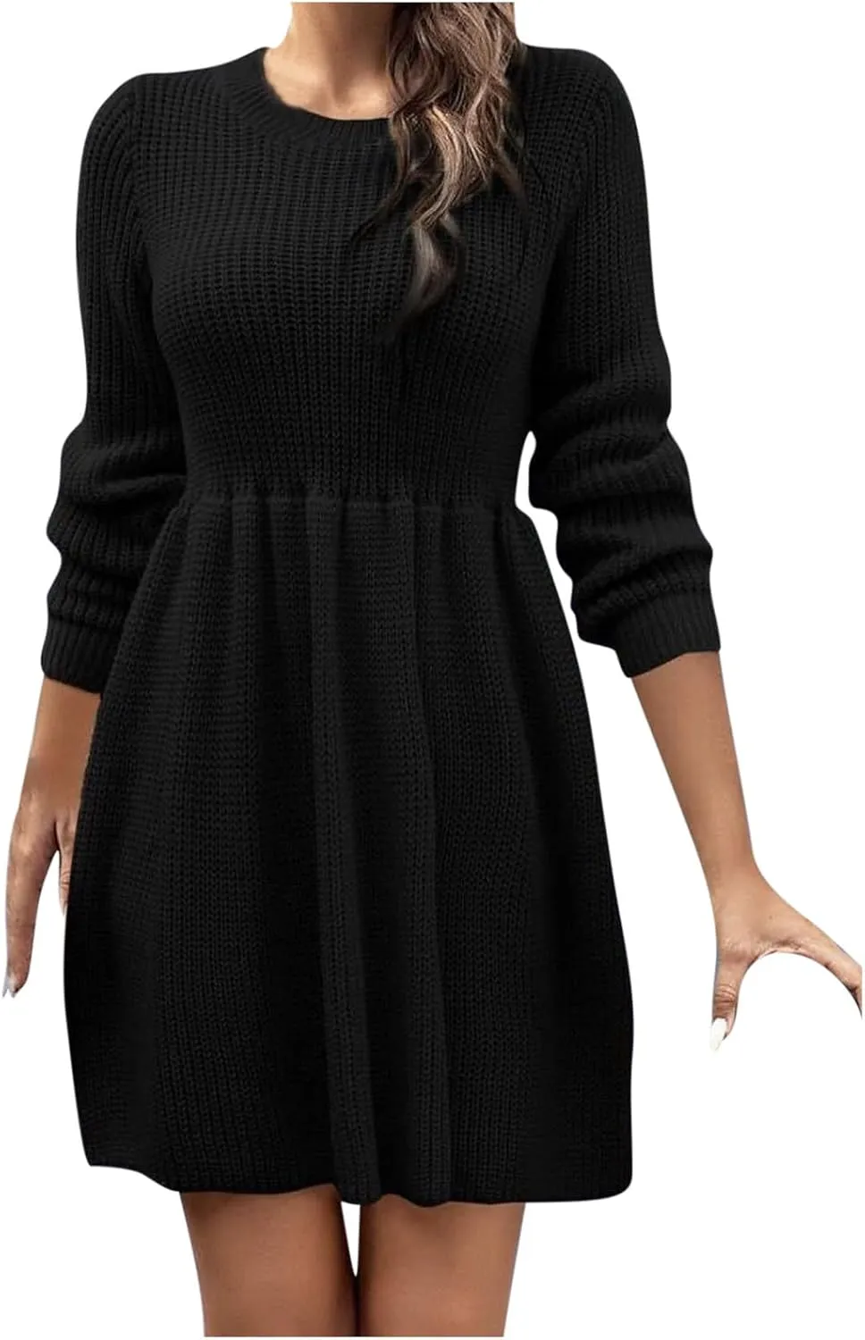Women's Knitted Sweater A-Line Dress Long Sleeve Crew Neck Casual Ruffle Mini Dress Winter Warm Soft Comfy Dress