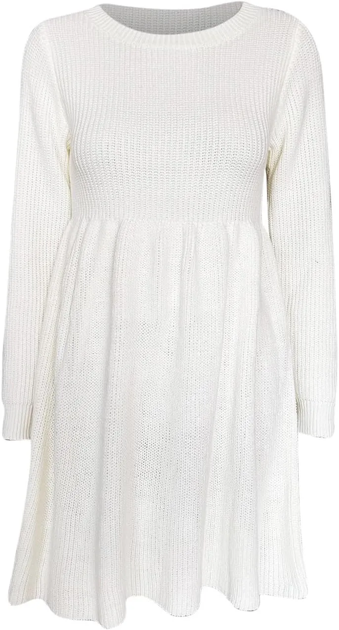 Women's Knitted Sweater A-Line Dress Long Sleeve Crew Neck Casual Ruffle Mini Dress Winter Warm Soft Comfy Dress