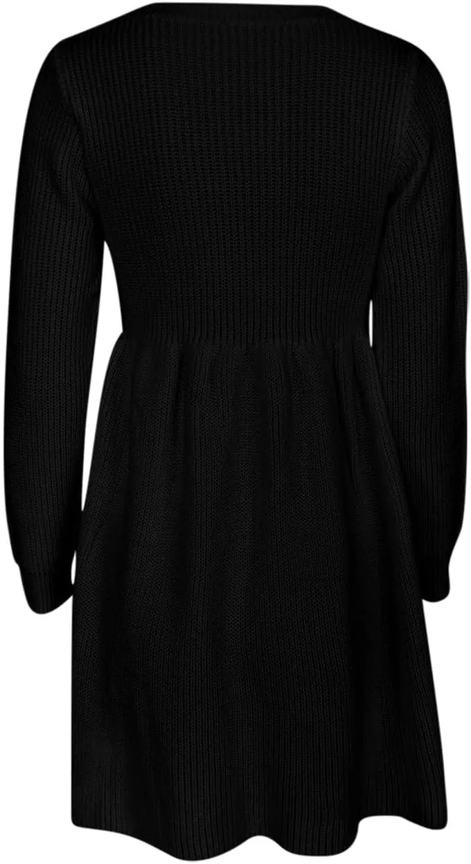 Women's Knitted Sweater A-Line Dress Long Sleeve Crew Neck Casual Ruffle Mini Dress Winter Warm Soft Comfy Dress