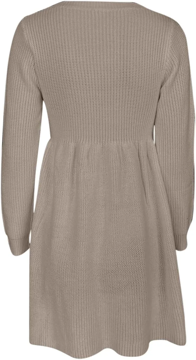 Women's Knitted Sweater A-Line Dress Long Sleeve Crew Neck Casual Ruffle Mini Dress Winter Warm Soft Comfy Dress