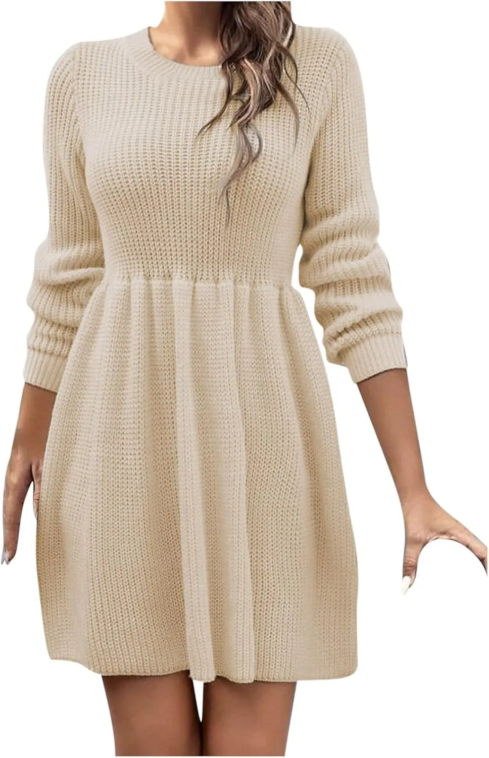 Women's Knitted Sweater A-Line Dress Long Sleeve Crew Neck Casual Ruffle Mini Dress Winter Warm Soft Comfy Dress