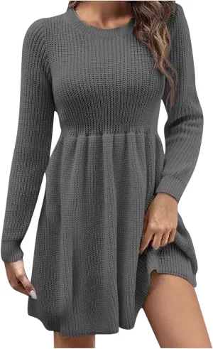 Women's Knitted Sweater A-Line Dress Long Sleeve Crew Neck Casual Ruffle Mini Dress Winter Warm Soft Comfy Dress