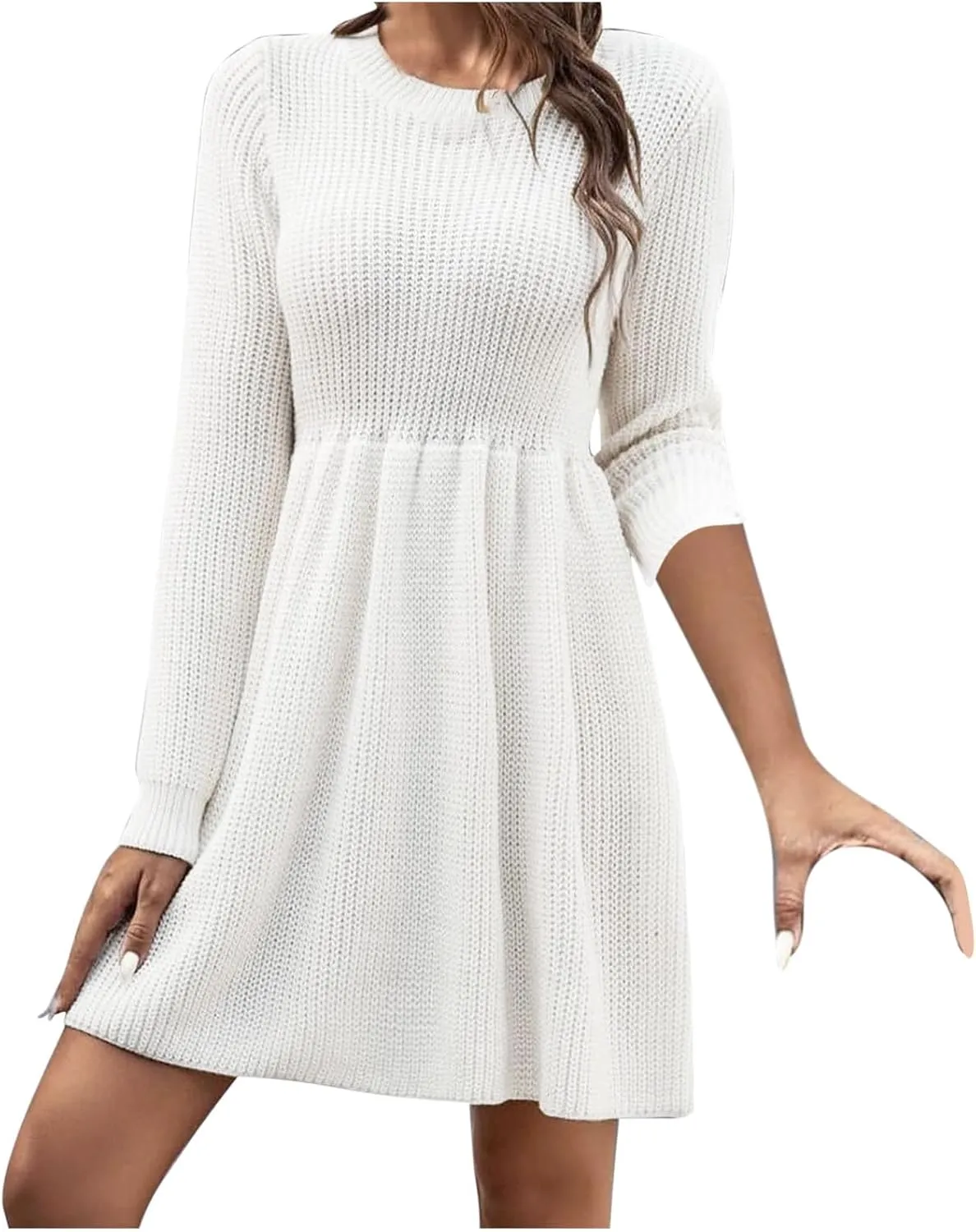 Women's Knitted Sweater A-Line Dress Long Sleeve Crew Neck Casual Ruffle Mini Dress Winter Warm Soft Comfy Dress