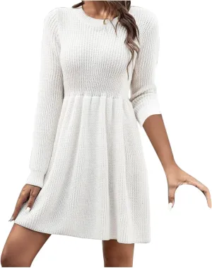 Women's Knitted Sweater A-Line Dress Long Sleeve Crew Neck Casual Ruffle Mini Dress Winter Warm Soft Comfy Dress