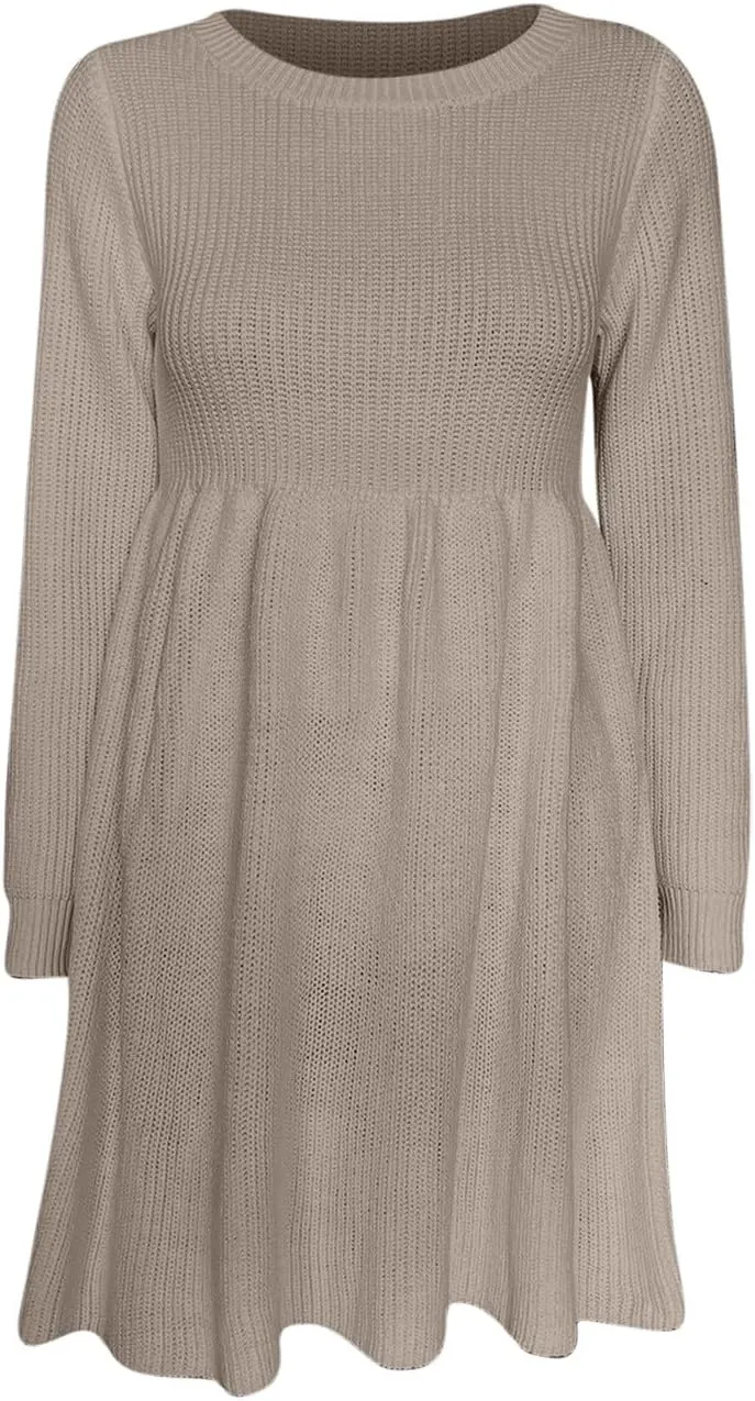 Women's Knitted Sweater A-Line Dress Long Sleeve Crew Neck Casual Ruffle Mini Dress Winter Warm Soft Comfy Dress