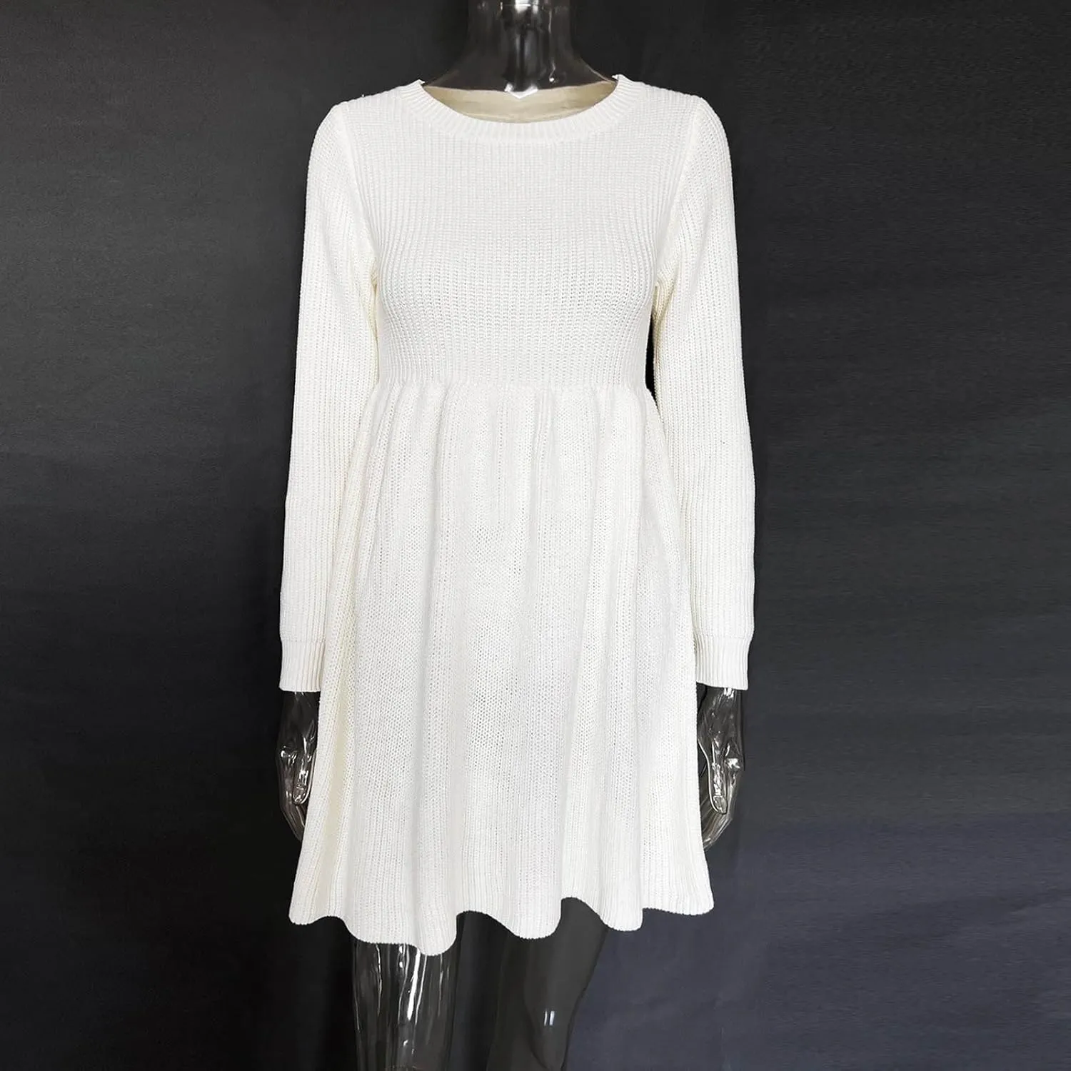 Women's Knitted Sweater A-Line Dress Long Sleeve Crew Neck Casual Ruffle Mini Dress Winter Warm Soft Comfy Dress