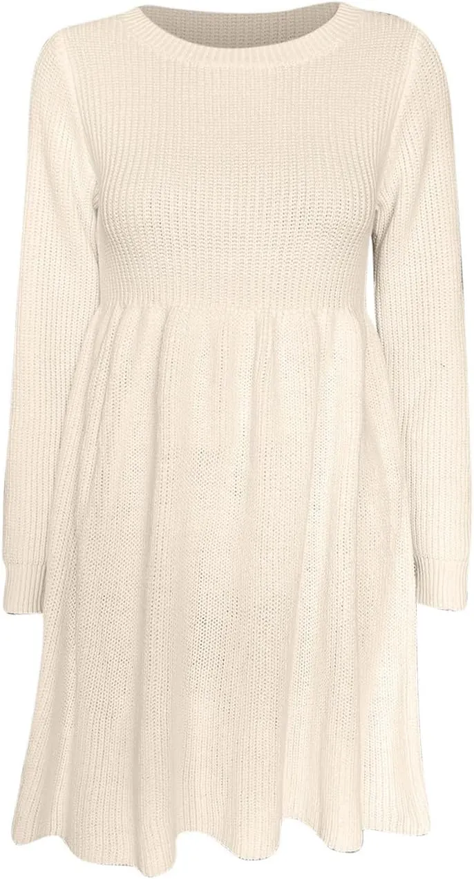 Women's Knitted Sweater A-Line Dress Long Sleeve Crew Neck Casual Ruffle Mini Dress Winter Warm Soft Comfy Dress