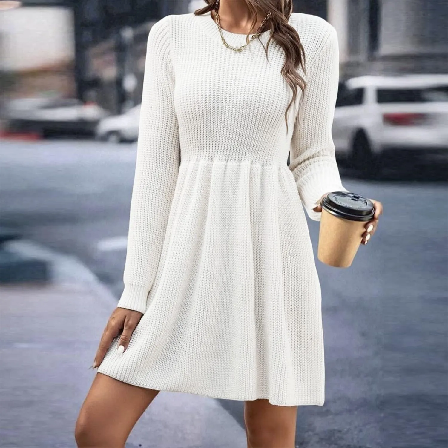Women's Knitted Sweater A-Line Dress Long Sleeve Crew Neck Casual Ruffle Mini Dress Winter Warm Soft Comfy Dress