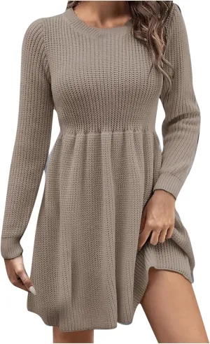 Women's Knitted Sweater A-Line Dress Long Sleeve Crew Neck Casual Ruffle Mini Dress Winter Warm Soft Comfy Dress