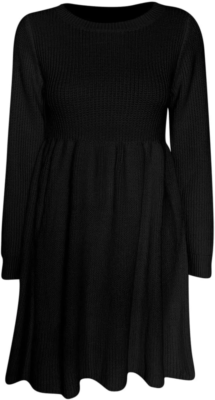 Women's Knitted Sweater A-Line Dress Long Sleeve Crew Neck Casual Ruffle Mini Dress Winter Warm Soft Comfy Dress