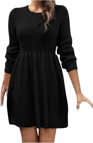 Women's Knitted Sweater A-Line Dress Long Sleeve Crew Neck Casual Ruffle Mini Dress Winter Warm Soft Comfy Dress