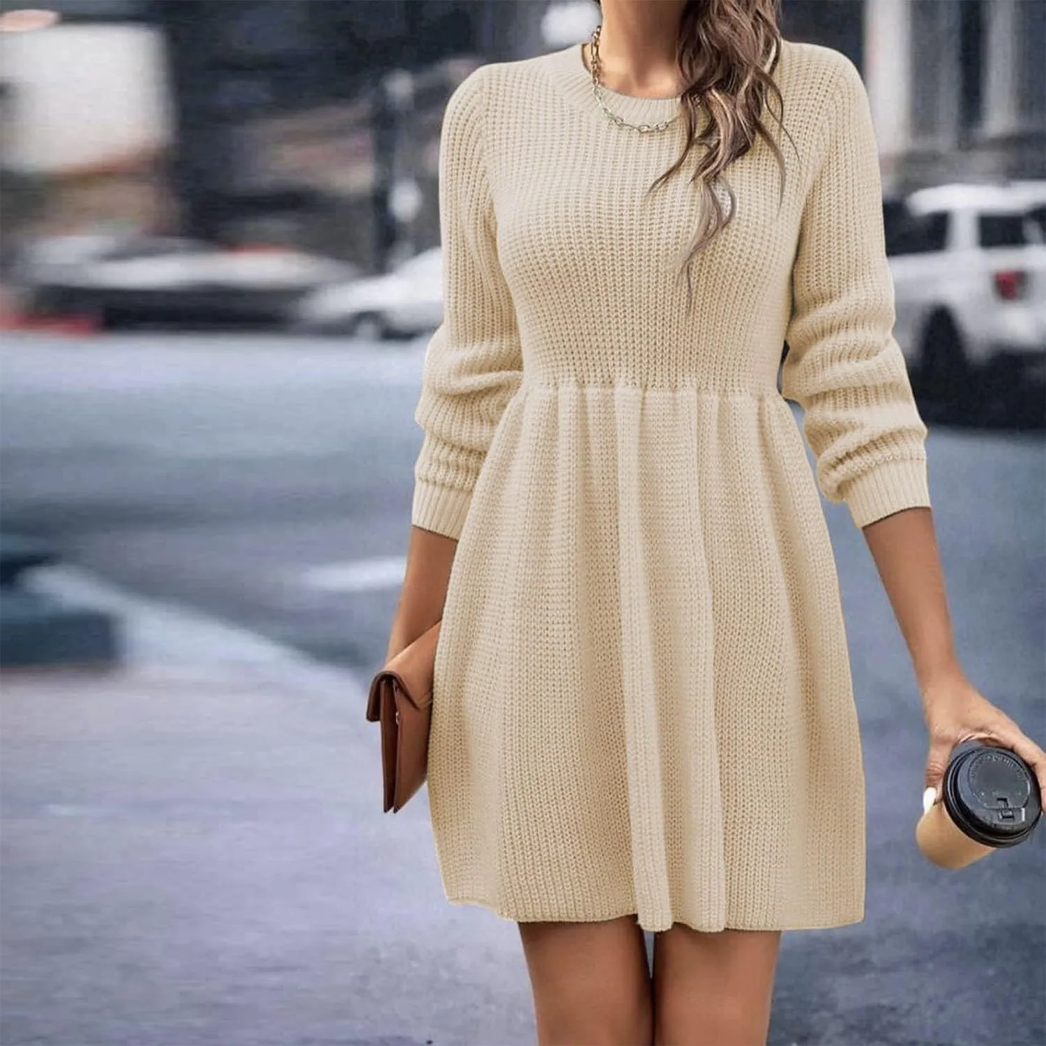 Women's Knitted Sweater A-Line Dress Long Sleeve Crew Neck Casual Ruffle Mini Dress Winter Warm Soft Comfy Dress