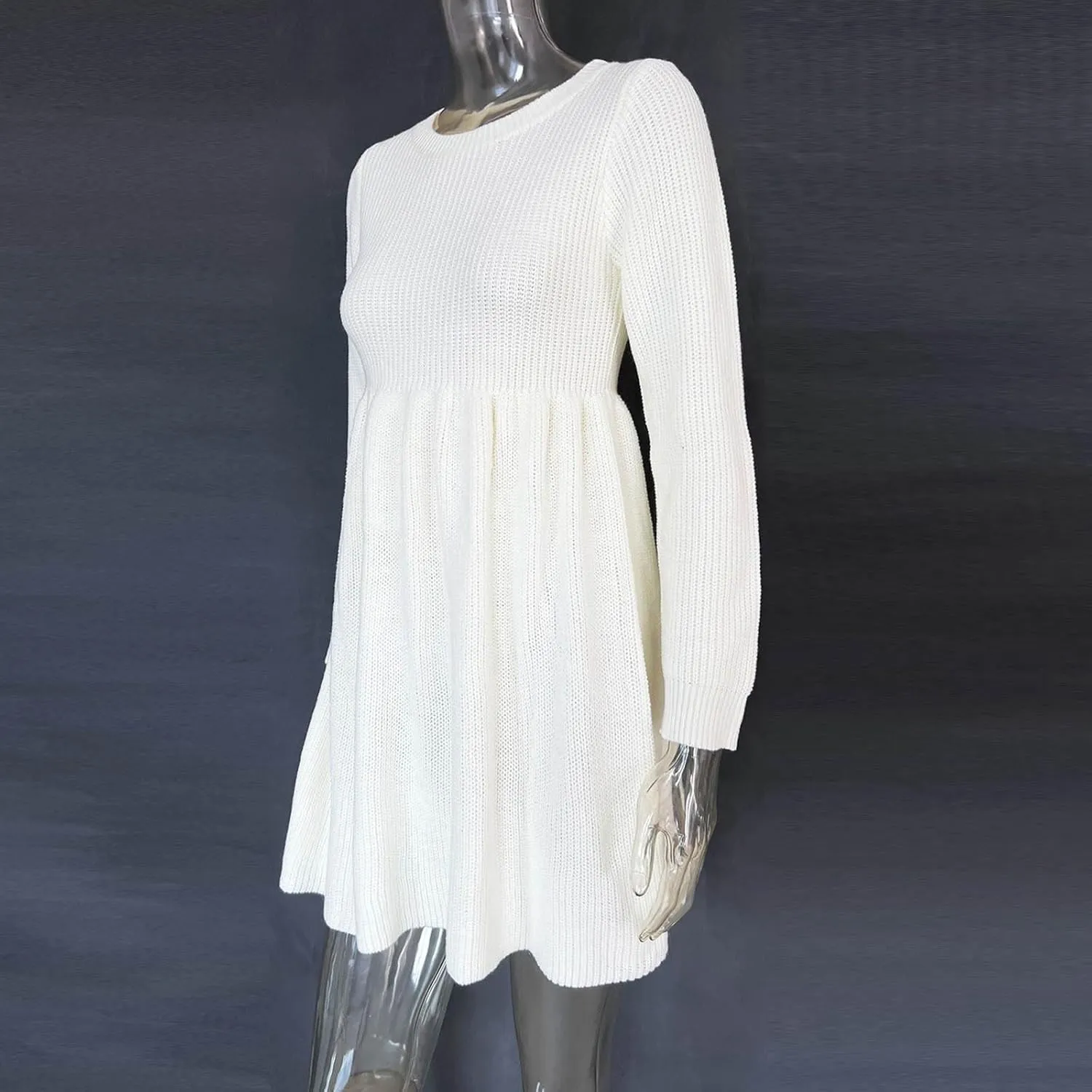 Women's Knitted Sweater A-Line Dress Long Sleeve Crew Neck Casual Ruffle Mini Dress Winter Warm Soft Comfy Dress