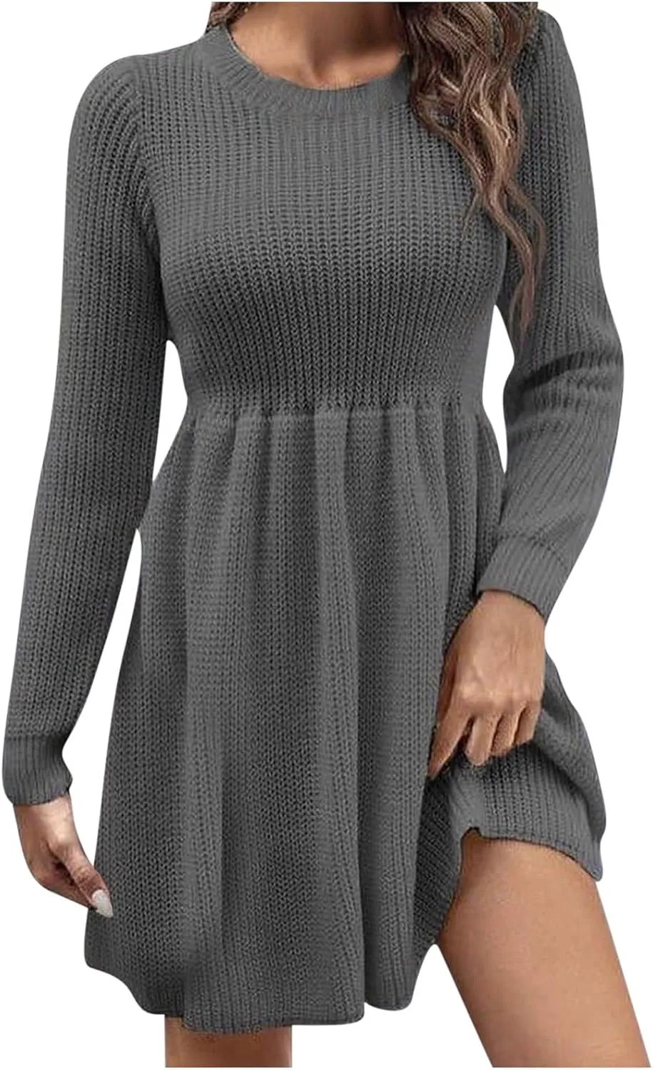 Women's Knitted Sweater A-Line Dress Long Sleeve Crew Neck Casual Ruffle Mini Dress Winter Warm Soft Comfy Dress