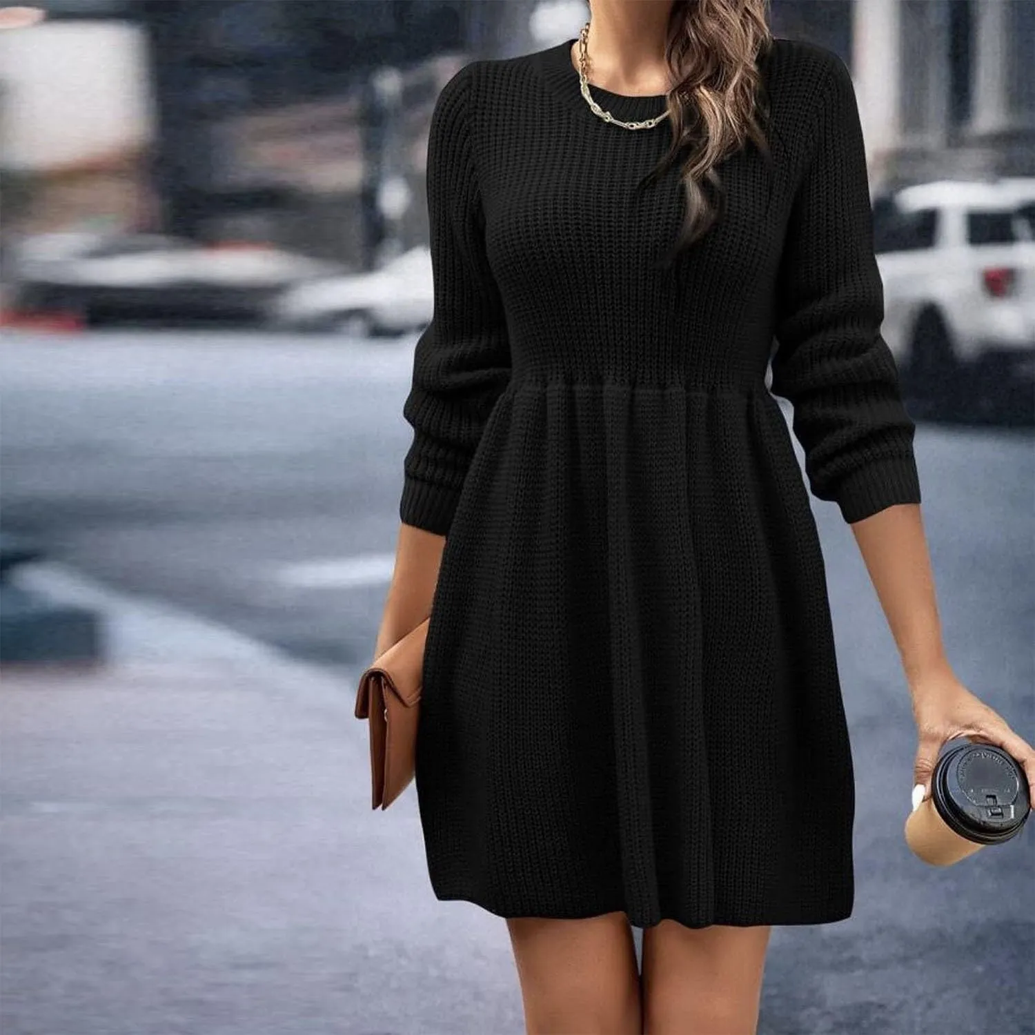 Women's Knitted Sweater A-Line Dress Long Sleeve Crew Neck Casual Ruffle Mini Dress Winter Warm Soft Comfy Dress