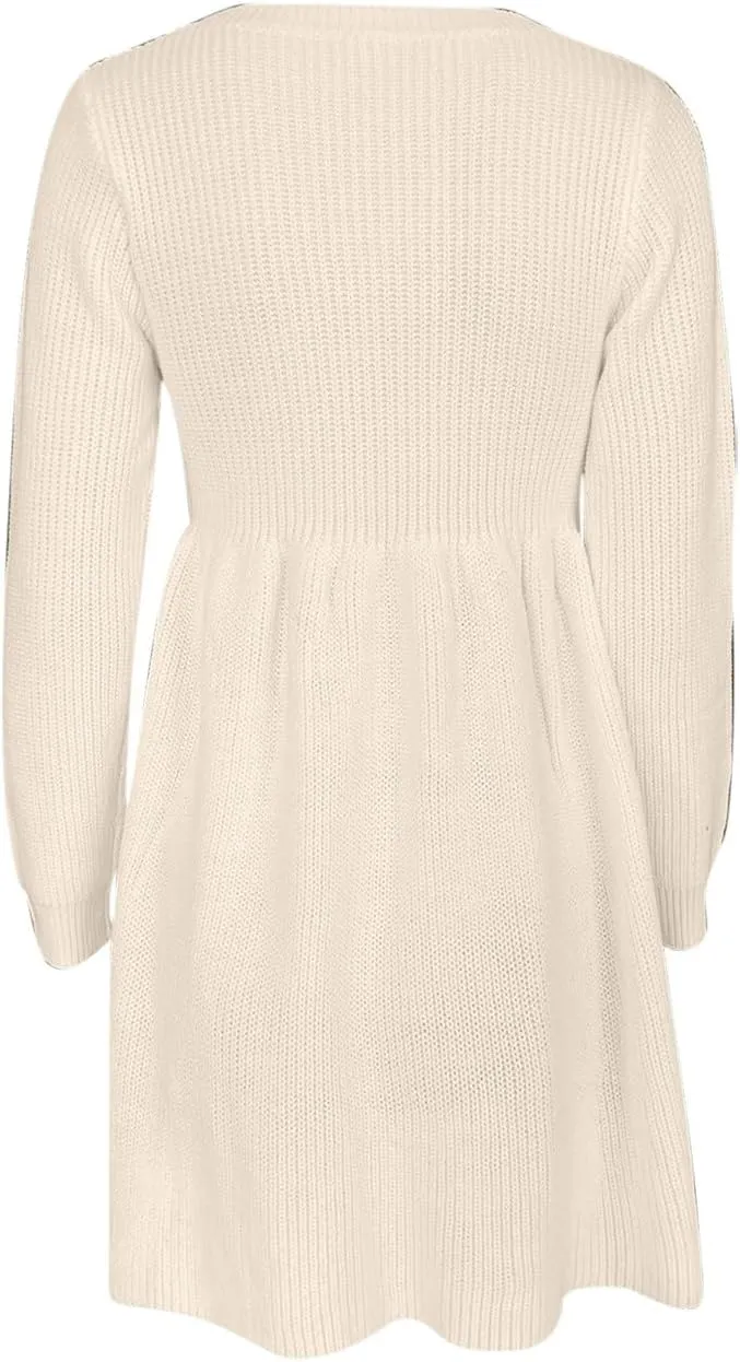 Women's Knitted Sweater A-Line Dress Long Sleeve Crew Neck Casual Ruffle Mini Dress Winter Warm Soft Comfy Dress