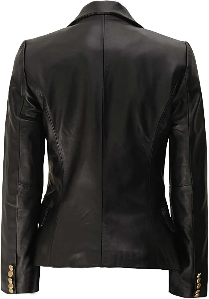 Women's Leather Double Breasted Blazer Gold Buttons, Lambskin Leather Blazer Jackets for Women