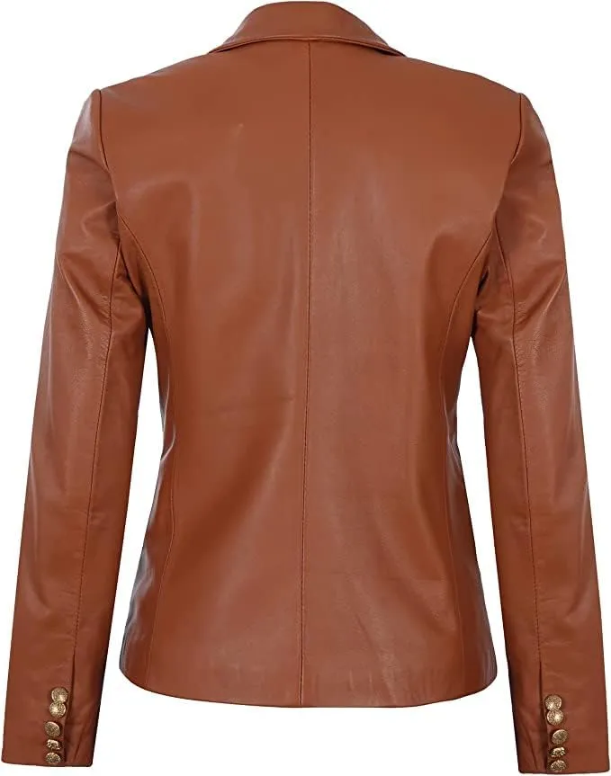 Women's Leather Double Breasted Blazer Gold Buttons, Lambskin Leather Blazer Jackets for Women