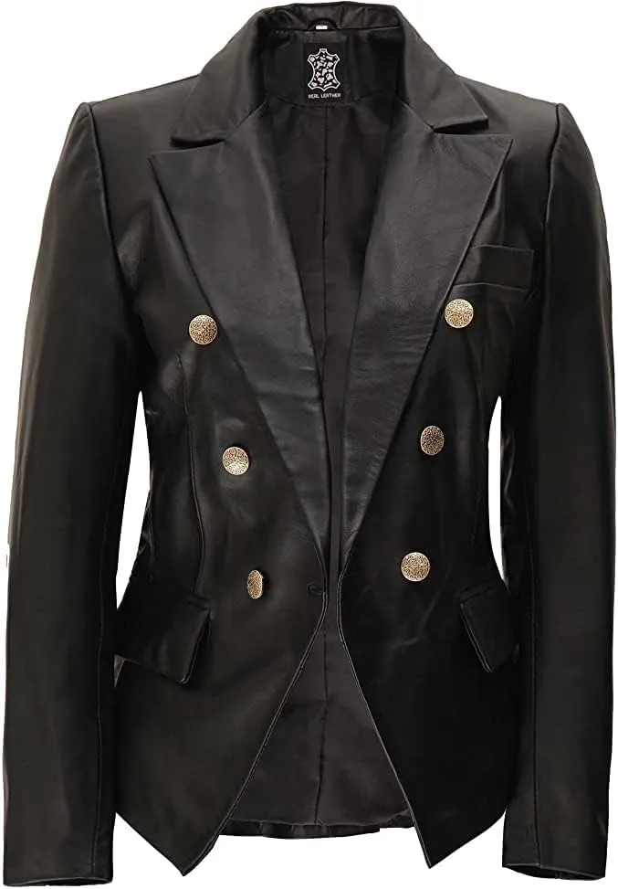 Women's Leather Double Breasted Blazer Gold Buttons, Lambskin Leather Blazer Jackets for Women