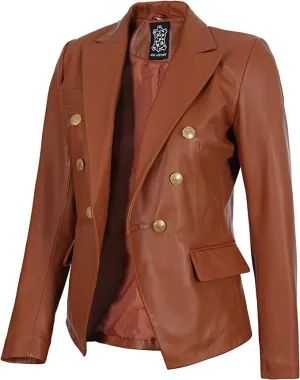 Women's Leather Double Breasted Blazer Gold Buttons, Lambskin Leather Blazer Jackets for Women