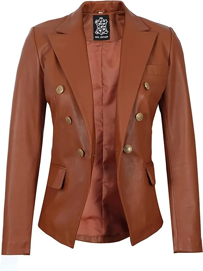 Women's Leather Double Breasted Blazer Gold Buttons, Lambskin Leather Blazer Jackets for Women