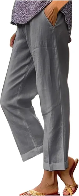 Women's Lightweight Summer Linen Pants Solid Elastic Waist Cotton Straight Pants Casual Lounge Beach Trousers