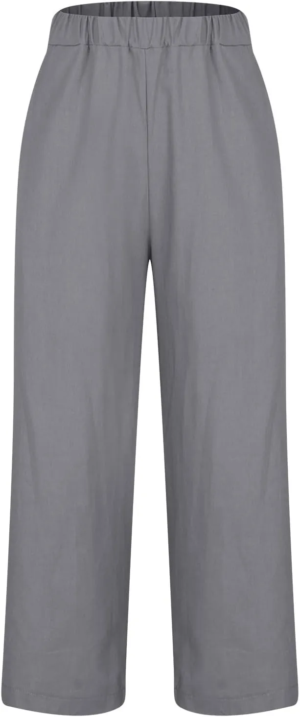 Women's Lightweight Summer Linen Pants Solid Elastic Waist Cotton Straight Pants Casual Lounge Beach Trousers