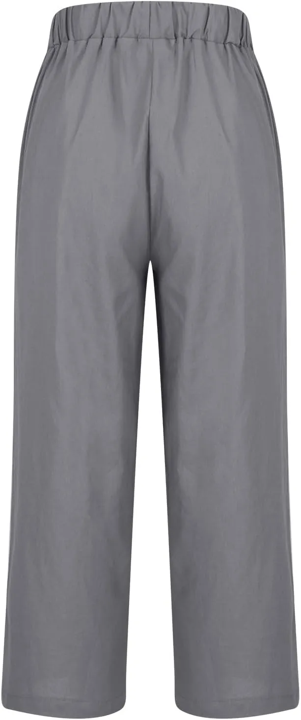 Women's Lightweight Summer Linen Pants Solid Elastic Waist Cotton Straight Pants Casual Lounge Beach Trousers