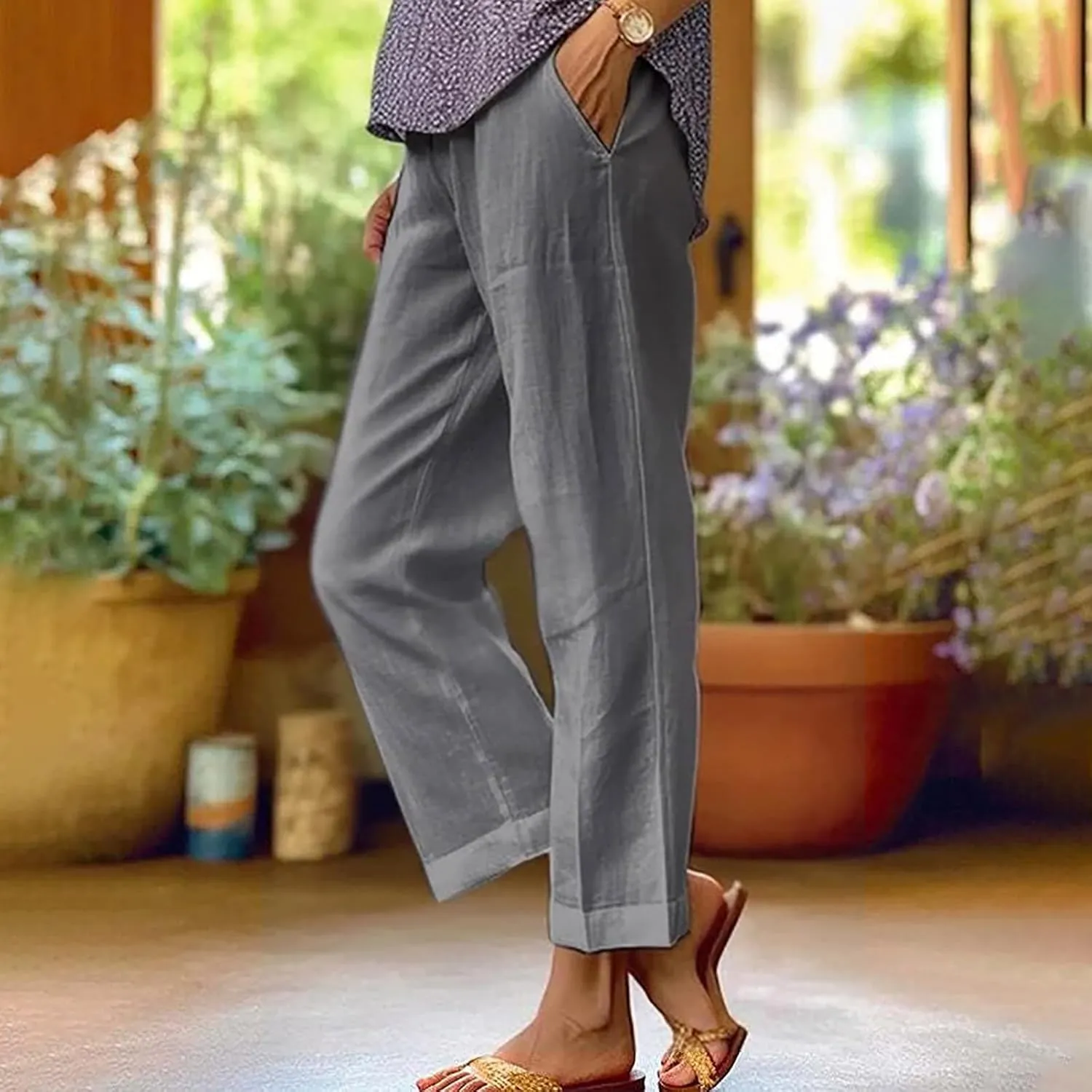 Women's Lightweight Summer Linen Pants Solid Elastic Waist Cotton Straight Pants Casual Lounge Beach Trousers