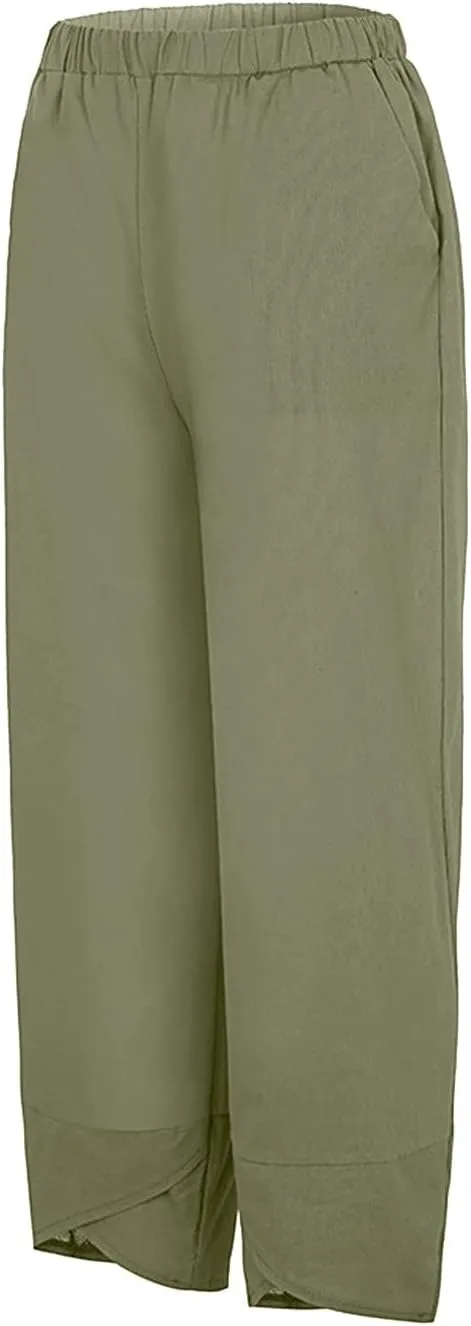 Women's Linen Blend Summer Boho Pants Elastic Waist Wide Leg Slim-Fit Trouser Business Work