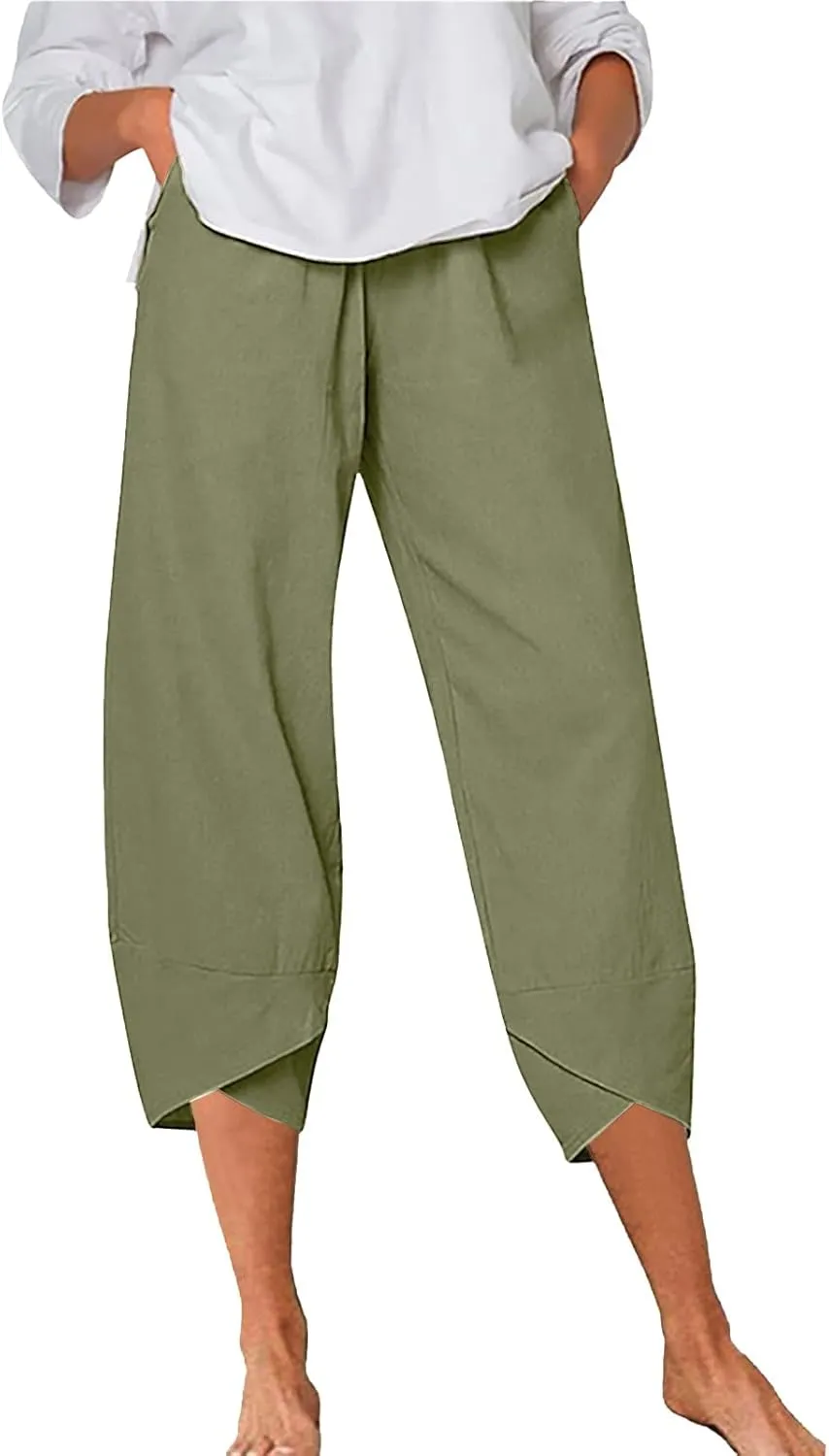 Women's Linen Blend Summer Boho Pants Elastic Waist Wide Leg Slim-Fit Trouser Business Work