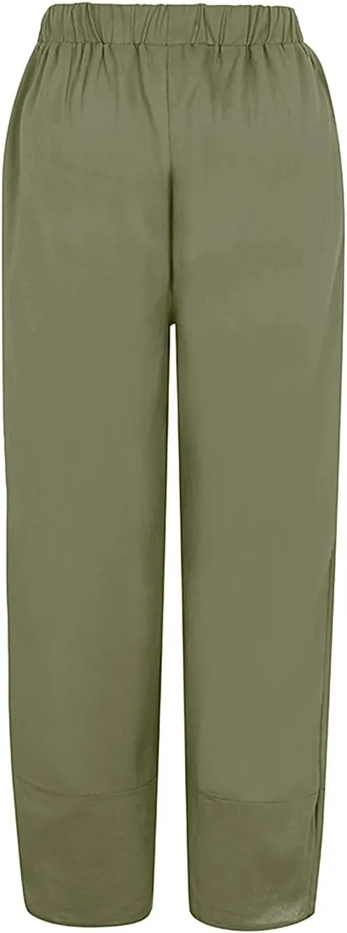 Women's Linen Blend Summer Boho Pants Elastic Waist Wide Leg Slim-Fit Trouser Business Work