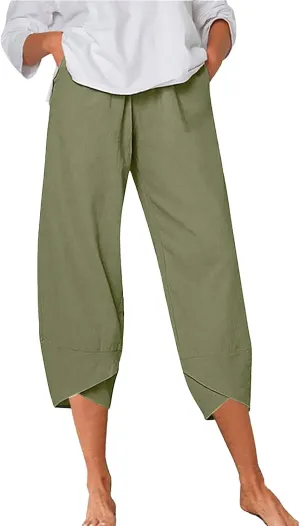 Women's Linen Blend Summer Boho Pants Elastic Waist Wide Leg Slim-Fit Trouser Business Work