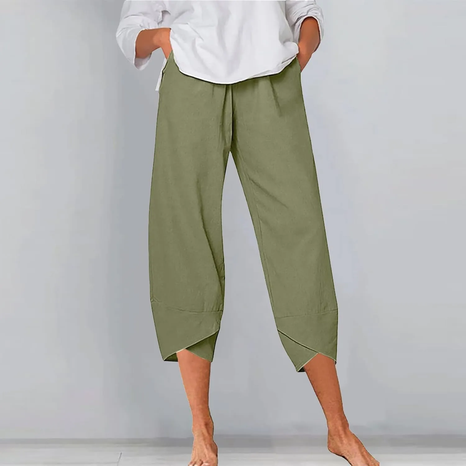 Women's Linen Blend Summer Boho Pants Elastic Waist Wide Leg Slim-Fit Trouser Business Work