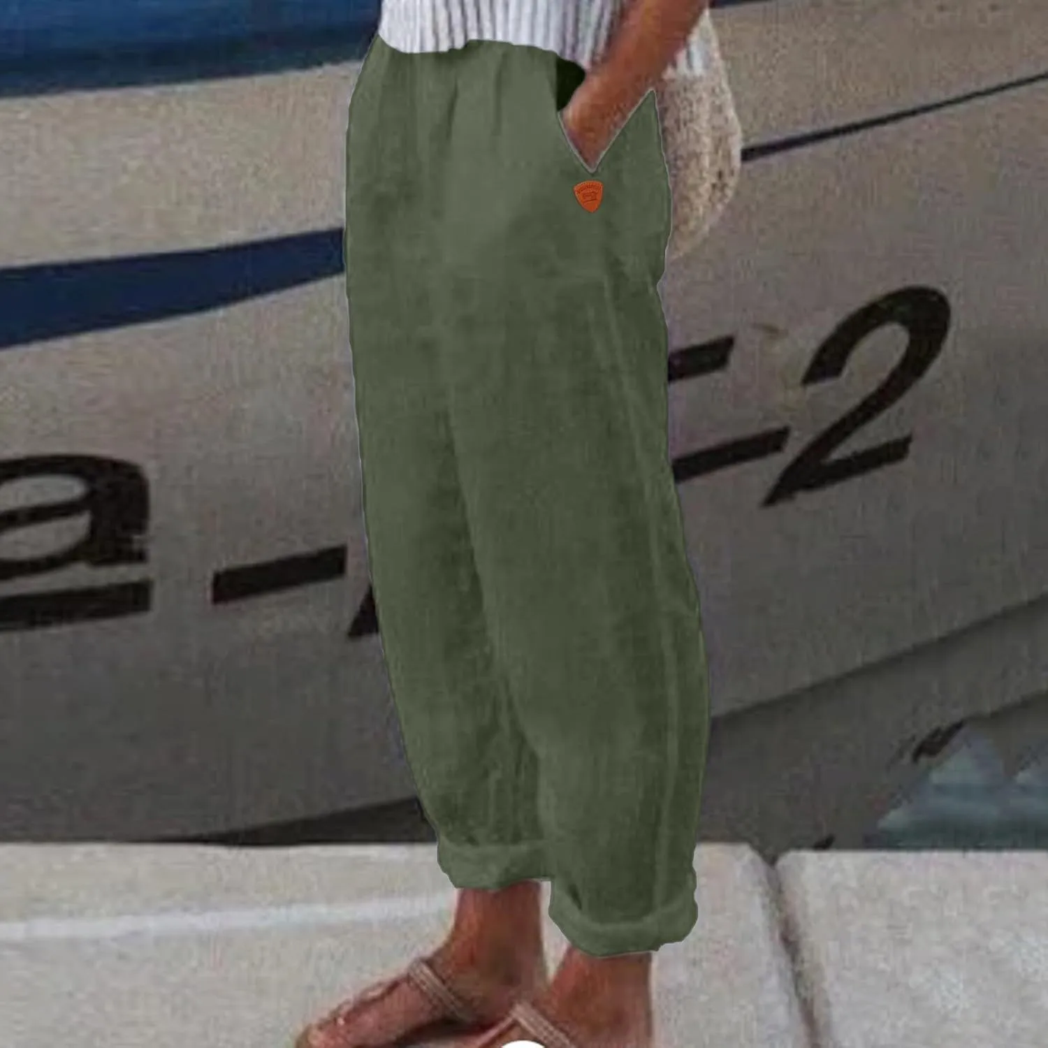 Women's Linen Blend Summer Loose Flowy Palazzo Pants Elastic Waist Stretchy Slim Fit Trouser Vacation
