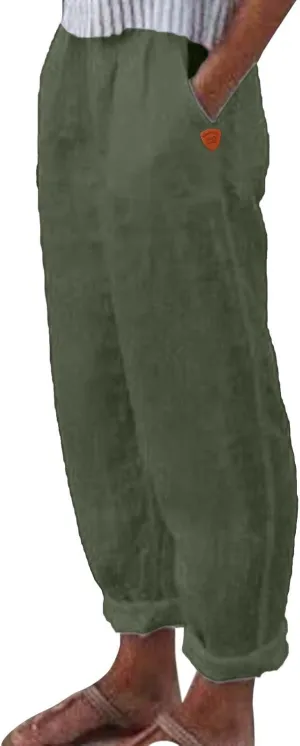 Women's Linen Blend Summer Loose Flowy Palazzo Pants Elastic Waist Stretchy Slim Fit Trouser Vacation