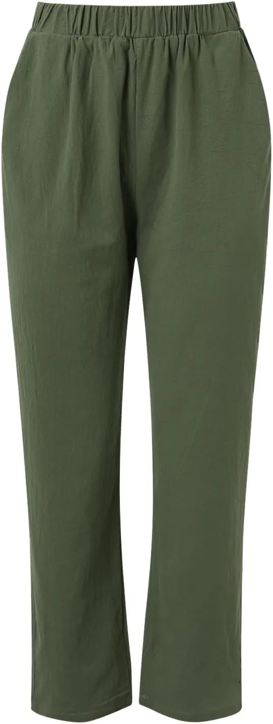 Women's Linen Blend Summer Loose Flowy Palazzo Pants Elastic Waist Stretchy Slim Fit Trouser Vacation